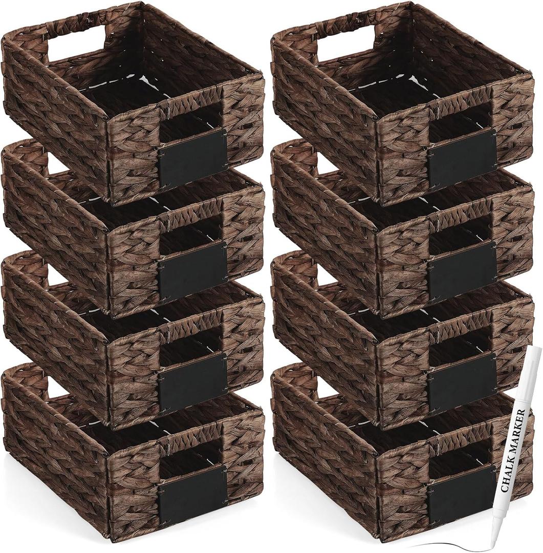 Nitial 8 Pcs Wicker Storage Basket, Rectangular Water Hyacinth Storage Basket for Shelving, Foldable Woven Pantry Organizer with Chalkboard Label and Chalk Marker (Dark Brown,12 x 9 x 5 Inch)