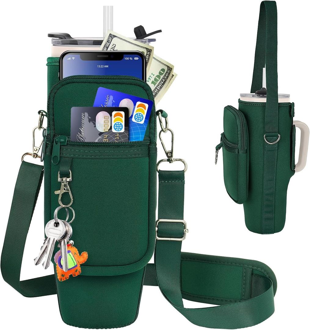 Water Bottle Carrier Bag with Phone Pocket Compatible with Stanley/Meoky 40 oz Tumbler with Handle,Water Bottle Holder Pouch with Adjustable Strap Compatible with Stanley Cup Accessories (Green-Style B)