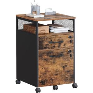 VASAGLE File Cabinet, Mobile Filing Cabinet on Wheels, for Home Office, 2 Lockable Drawers, for A4, Letter-Size Hanging File Folders, Open Shelf, Steel Frame, Rustic Brown and Ink Black UOFC077B01