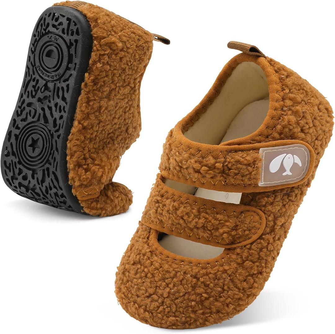 FEETCITY Toddler House Slippers - Boys & Girls Winter Kids Indoor Home Shoes - Warm Socks (Brown), Size 22-23