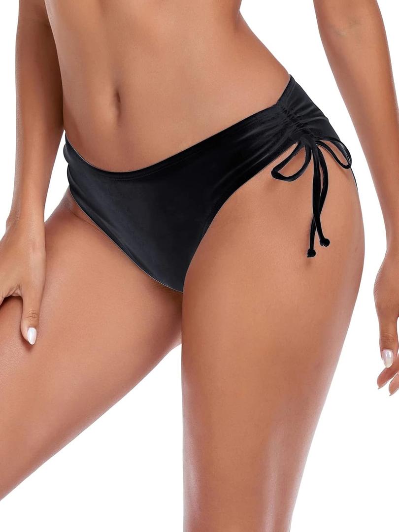 Colloyes Women's Drawstring Bikini Bottoms Full Coverage Low Waisted Swim Bottom (Medium, Black)