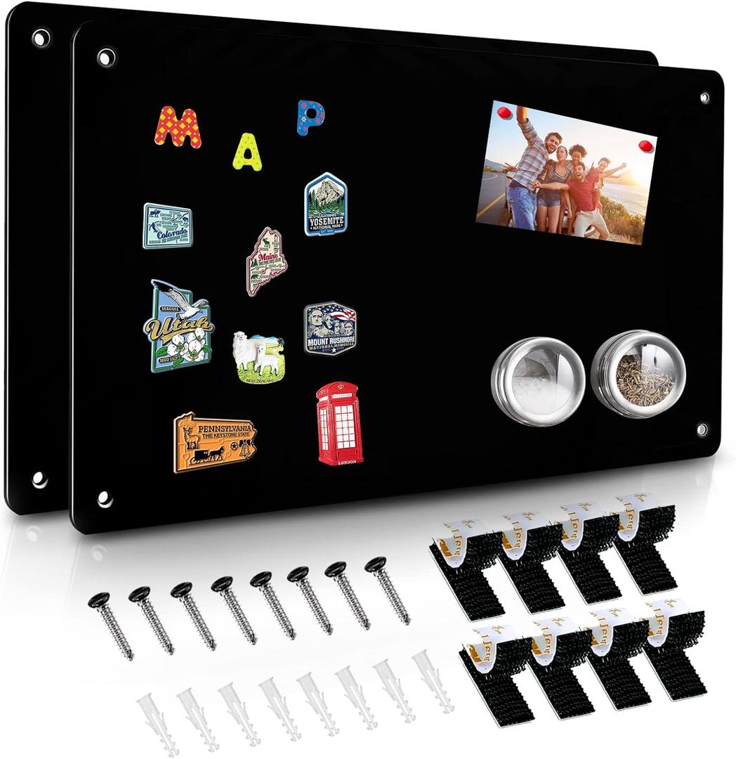 2 Pack Black Magnetic Board,17.5" x 11.4" Magnet Bulletin Board to Display Magnetic Notes, Poetry, Photos, Suitable for Wall, Refrigerator, Cabinet etc, Come with 8 Pcs Dual Lock Tape and Screws