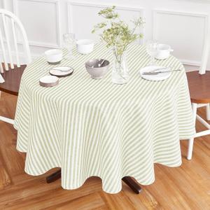 Solino Home Linen Round Tablecloth 70 Inch - Amalfi Stripe, 100% Pure Linen Sage and White Round Tablecloth - Machine Washable Table Cloth for Spring, Summer, Mothers Day