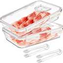 Okllen 2 Pack Bacon Container for Refrigerator, Plastic Cheese & Deli Meat Container with Air-sealed Tight Lids for Fridge, Bacon Keeper with Food Serving Tongs Cold Cuts Food Storage Organizer