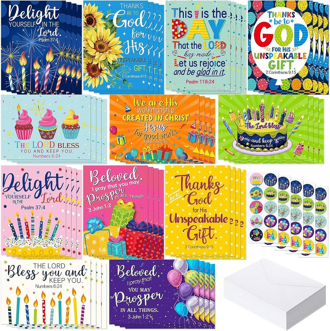48 Pack Religious Christian Birthday Cards Bulk with Scripture Assorted Bible Verse 4.5 x 6.2 Inch Christian Blessings Birthday Greeting Cards with Envelopes and Stickers(Classic Style)