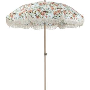 Tempera 7ft Boho Beach & Patio Umbrella with Fringe, Market Umbrellas with UPF 50+ UV & Water-Resistant Canopy, 1.5" Wood Pole & Button Tilt. (Abigail)