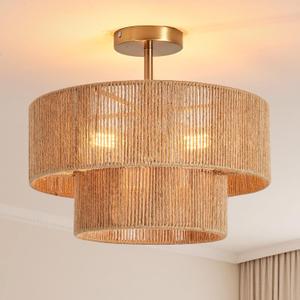 Boho Semi Flush Mount Ceiling Light Gold Rattan Ceiling Light 15.4" Farmhouse Ceiling Lamp with Natural Hemp Rope Lampshade for Dining Room Living Room Bedroom Kitchen, 16 Inch