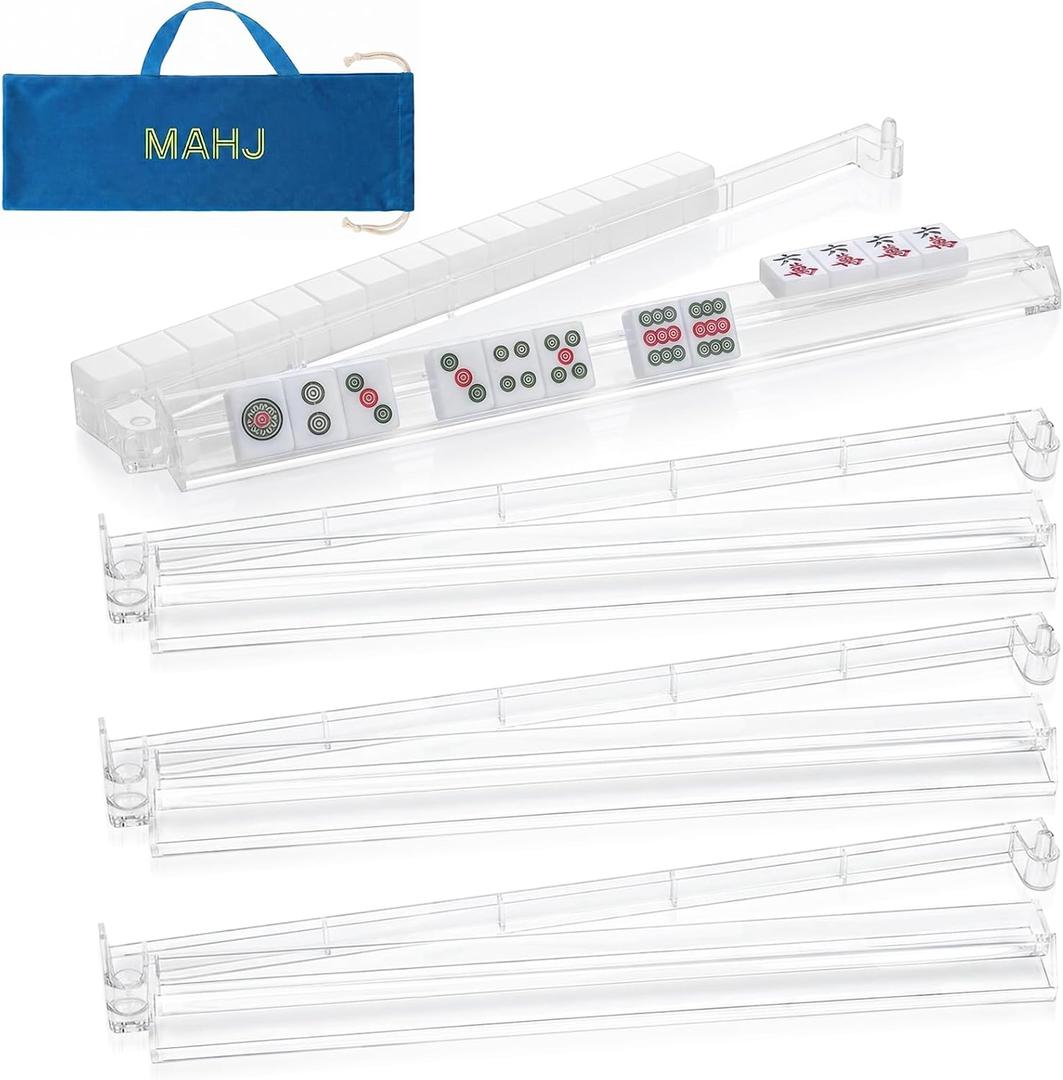 Clear Acrylic Mahjong Racks and Pushers Set of 4 with Carrying Bag, 17.6 inches