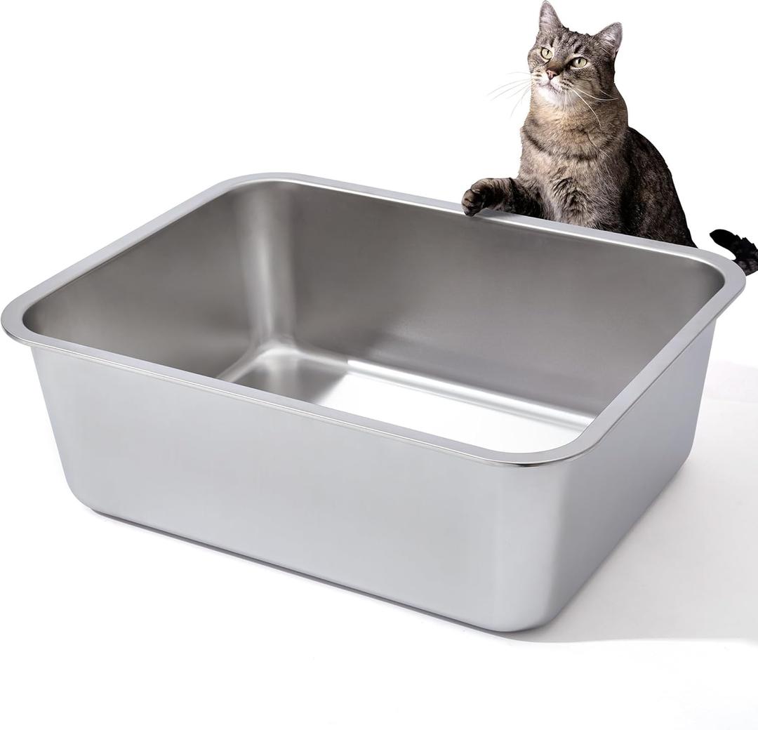 Stainless Steel Cat Litter Box for Large Cats - 17.5"x13.6"x6.1" High-Sided Metal Tray, Anti-Splash & Odor Resistant, Durable Rustproof Design, Easy to Clean 2Pcs