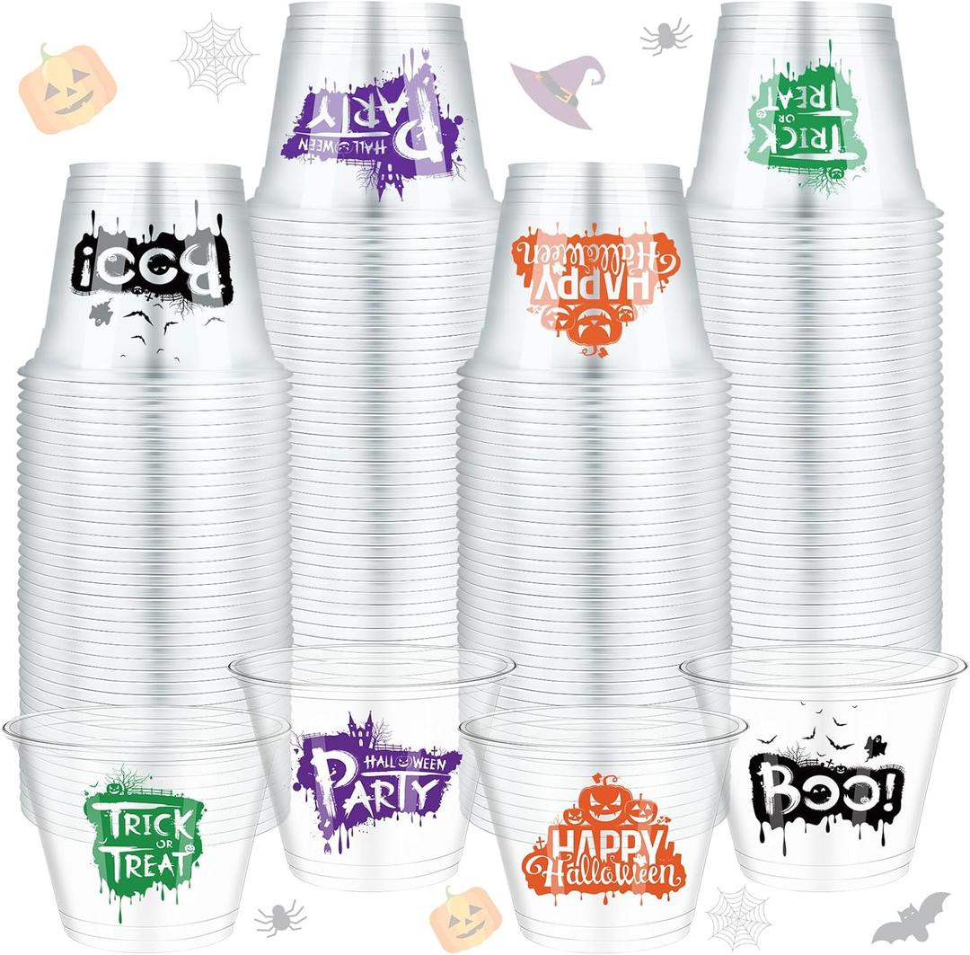 Dandat 80 Pcs Disposable Halloween Cups Plastic Clear Cups Halloween Party Happy Supplies for Liquor Coffee Juice Soda Beer Beverage (Classic Style,9 oz)