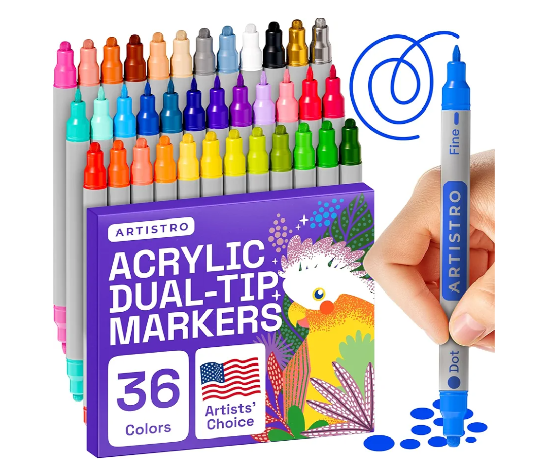 ARTISTRO Vibrant Acrylic Paint Markers for Rock, Fabric, Glass, Wood, Paper, Ceramic, Canvas & More - 36 Dual-Tip Paint Pens (Dot & Fine) - Quick Dry, Teacher Classrooms Must Have, Drawing Markers