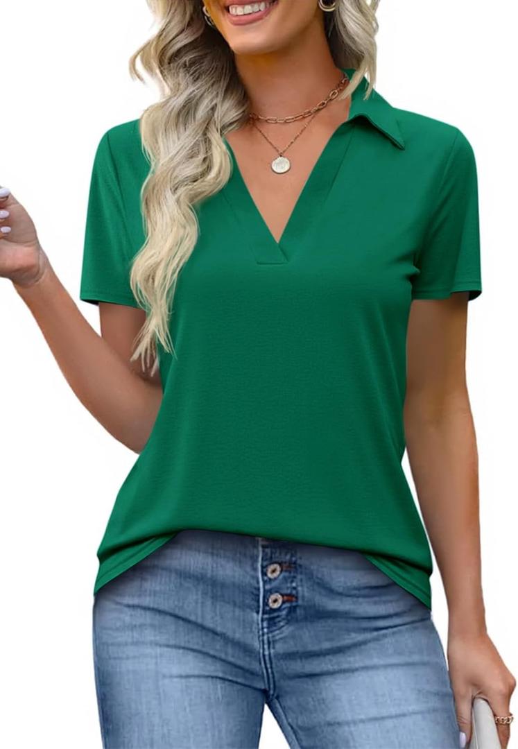 Imily Bela Womens Short Sleeve Polo Shirts V Neck Business Dressy Casual Tops Summer Collared Trendy Tees (X-Large, Dark Green)