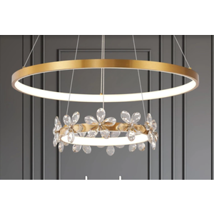 2 Rings Chandelier 24’’ Modern LED Chandelier with Crystal Flower Gold Dimmable Gold Pendant Chandelier for Girl Room Dining Room Bedroom Foyer Entryway, 3000-6500K