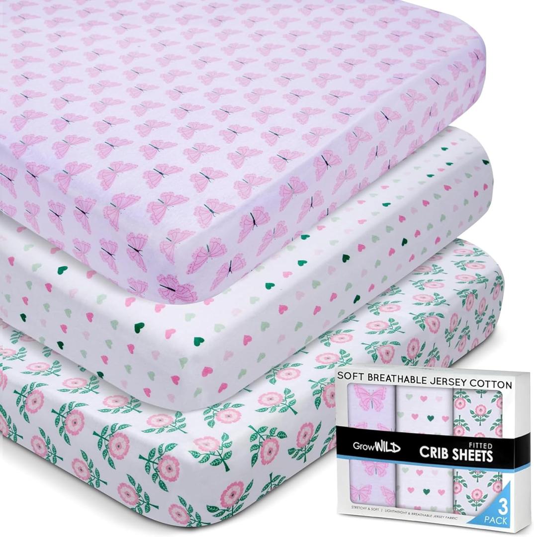 GROW WILD Crib Sheets 3 Pack - Soft & Stretchy Jersey Cotton Fitted Baby Crib Sheets for Girls, Cute Toddler Bed Sheets for Baby Girl (Hearts & Flowers)