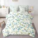 Homewish Blue Flowers Reversible 7 Pieces Comforter Set King Size,Boho Watercolor Floral Print Bed Sheet Set Green Leaves Plant Ink Painting Bedding Set with Comforter,Fitted & Flat Sheet