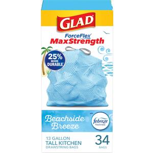 Glad Tall Kitchen Trash Bags 13 Gallon, MaxStrength Beachside Breeze Garbage Bags, Odorshield with Drawstring, 34 Count