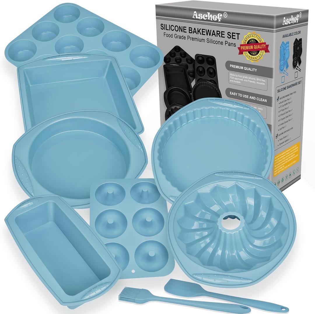 9in1 Nonstick Silicone Baking Bundt Cake Pan Cookie Sheet Molds Tray Heat Resistant Bakeware Tools Kit for Muffin Loaf Bread Pizza CupcakeUtensil (Sky Blue)