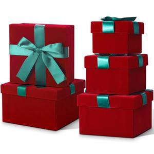 5 Pcs Christmas Nesting Gift Boxes with Lids Velvet Square Assorted Sizes Small Favor Boxes for Gift Decorative(Red)