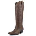 DANAZANA Knee High Cowgirl Boots For Women Wide Calf Tall Western Embroidered Cowboy Boots With Side Half Zip Size 9