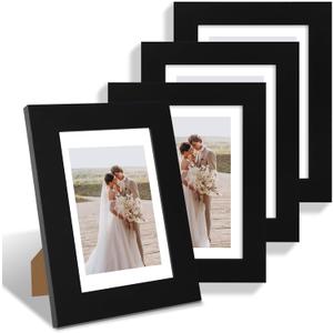 Hongkee 5x7 Picture Frame Set of 4, Made of Real Glass and Black Wooden Frame, 5 by 7 Photo for Wall or Tabletop - Display Picture 4x6 with Mat or 5x7 Without Mat