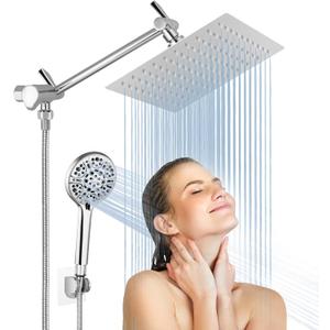 Rain Shower Head with Handheld, Lanhado 8'' High Pressure Rainfall 9 Settings Shower Head with 11'' Extension Arm, Holder & Hose, Anti-leak Waterfall, Chrome