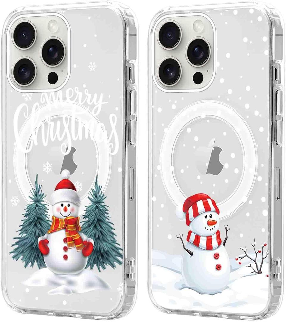2 Pack Christmas Clear Magnetic Phone Case for iPhone 15 Pro Max 6.7", Compatible with Magsafe, Cute Cover with Red Xmas Snowman Snowflake Pattern Shockproof Soft Silicone Cover for Girl Women