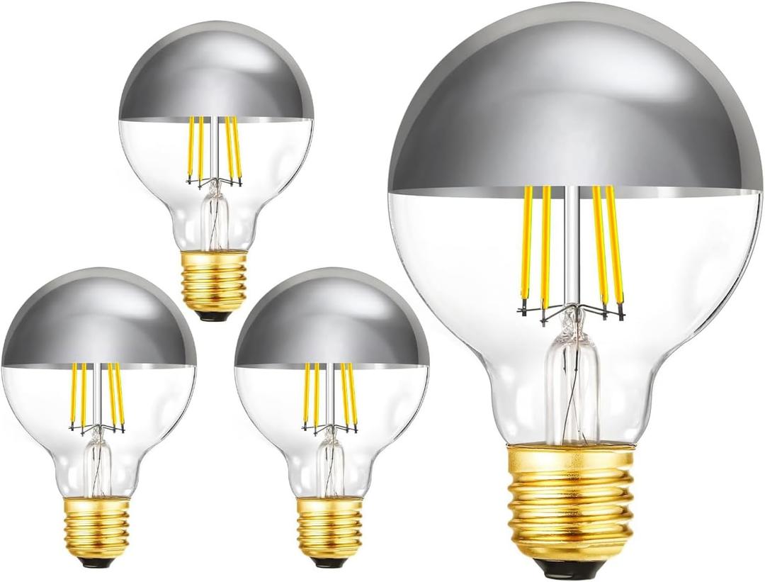 Half Chrome Light Bulb Dimmable 6W Anti Glare LED Light Bulbs 60 Watt E26 Silver Dipped Bulb 4000K Daylight G25 Globe Shape Decorative LED Bulbs G80 Bulbs for Bathroom,Vanity,Mirror,4 Pack