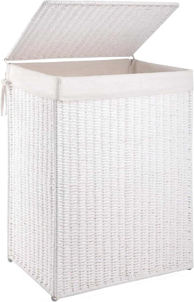 OIAHOMY Laundry Hamper with Lid, 90L(23.8 Gal) Large Wicker Laundry Basket for Bedroom, Handwoven Paper Rope Clothes Hamper with Washable Liner & Metal Frame, Decorative Organizer for Bathroom, White