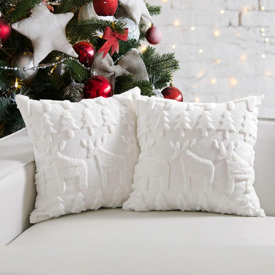 TOYPOPOR Christmas Pillow Covers 20'' x 20'' Set of 2, Soft Faux Rabbit Fur 3D Embroidery Tree and Deer Throw Pillow Covers for Christmas Decor Sofa, Couch, Invisible Zipper, Skin-Friendly