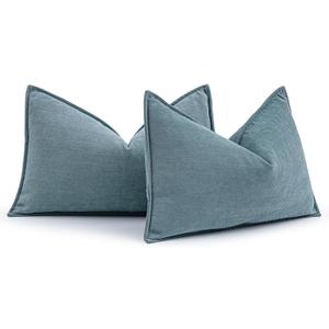 MIULEE Pack of 2 Dusty Blue Decorative Lumbar Pillow Covers 12x20 Inch Soft Chenille Luxurious Couch Throw Pillows Farmhouse Cushion Covers with Elegant Design for Sofa Bedroom Living Room Home Decor