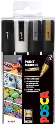 posca Markers Set, 2 Medium Paint Markers 5M – Mono Tones – Black, White, Gold, Silver