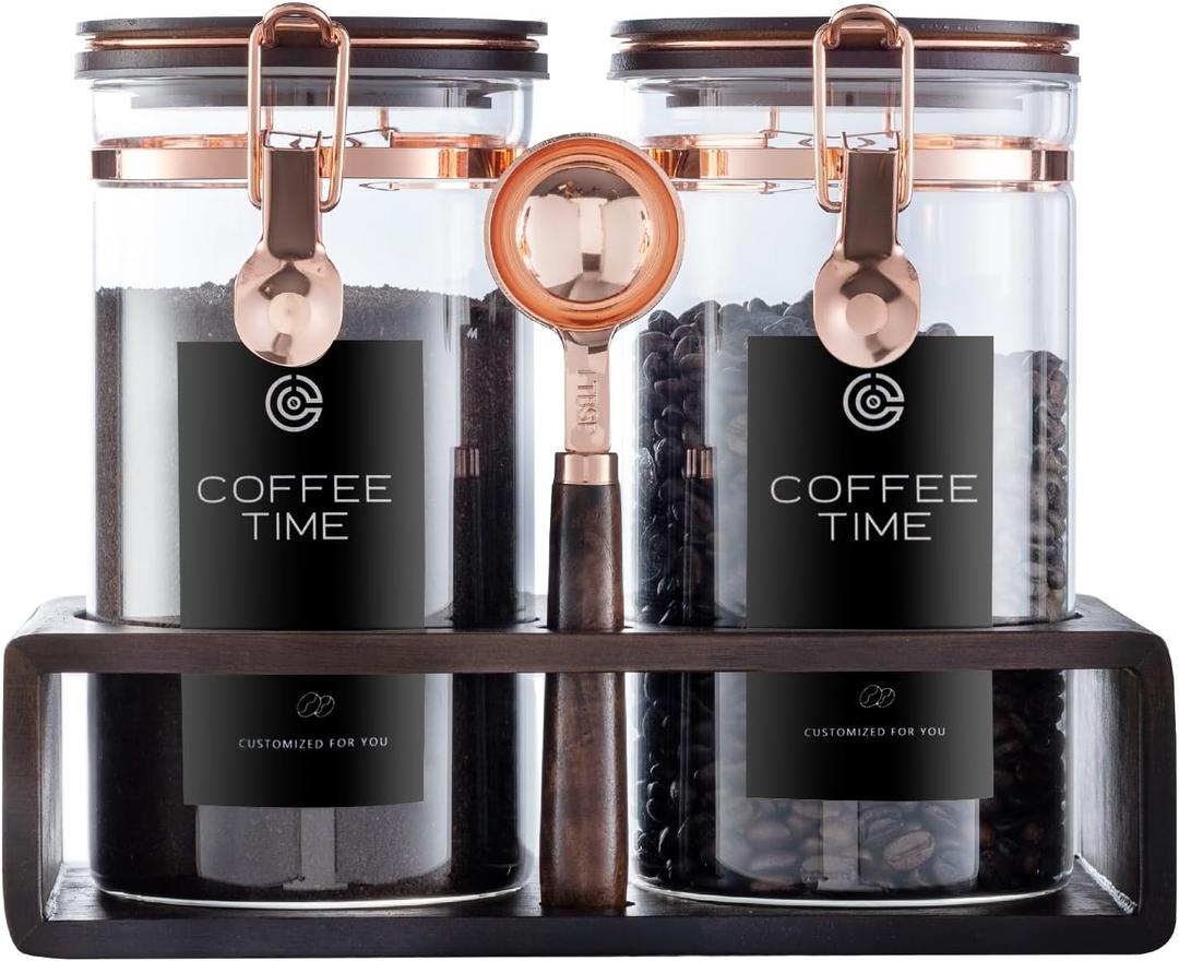 Glass Coffee Canister Set with Wooden Shelf, 2 Pack 45oz Airtight Food Storage Containers with Lids & Spoons, Large nisters for Coffee Beans, Sugar, Tea, Nuts