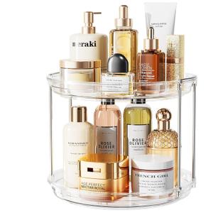 LAMU Rotating Makeup Organizer for Vanity, 10.6in 2 Tier Lazy Susan Turntable Stackable Spinning Skincare Organizer Cosmetic Perfume Tray Display for Bathroom Counterop, Large Capacity, Clear