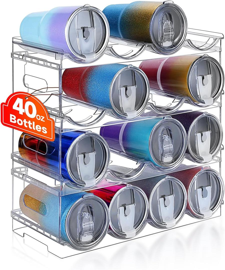 Large Compartment Water Bottle Organizer, 4 Tier Stackable Water Bottle Rack for Cabinet, Tumbler Storage Organizer for Kitchen, Fridge, Cabinet Organization and Storage, Clear Water Bottle Storage Rack