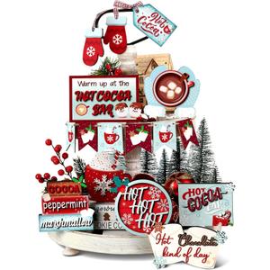 Kajaia 15 Pcs Christmas Tiered Tray Decor Winter Tiered Tray Decorations Set Snowman Snowflake Gingerbread Man Hot Cocoa Wooden Signs Farmhouse Christmas Table Decorations(Hot Cocoa)