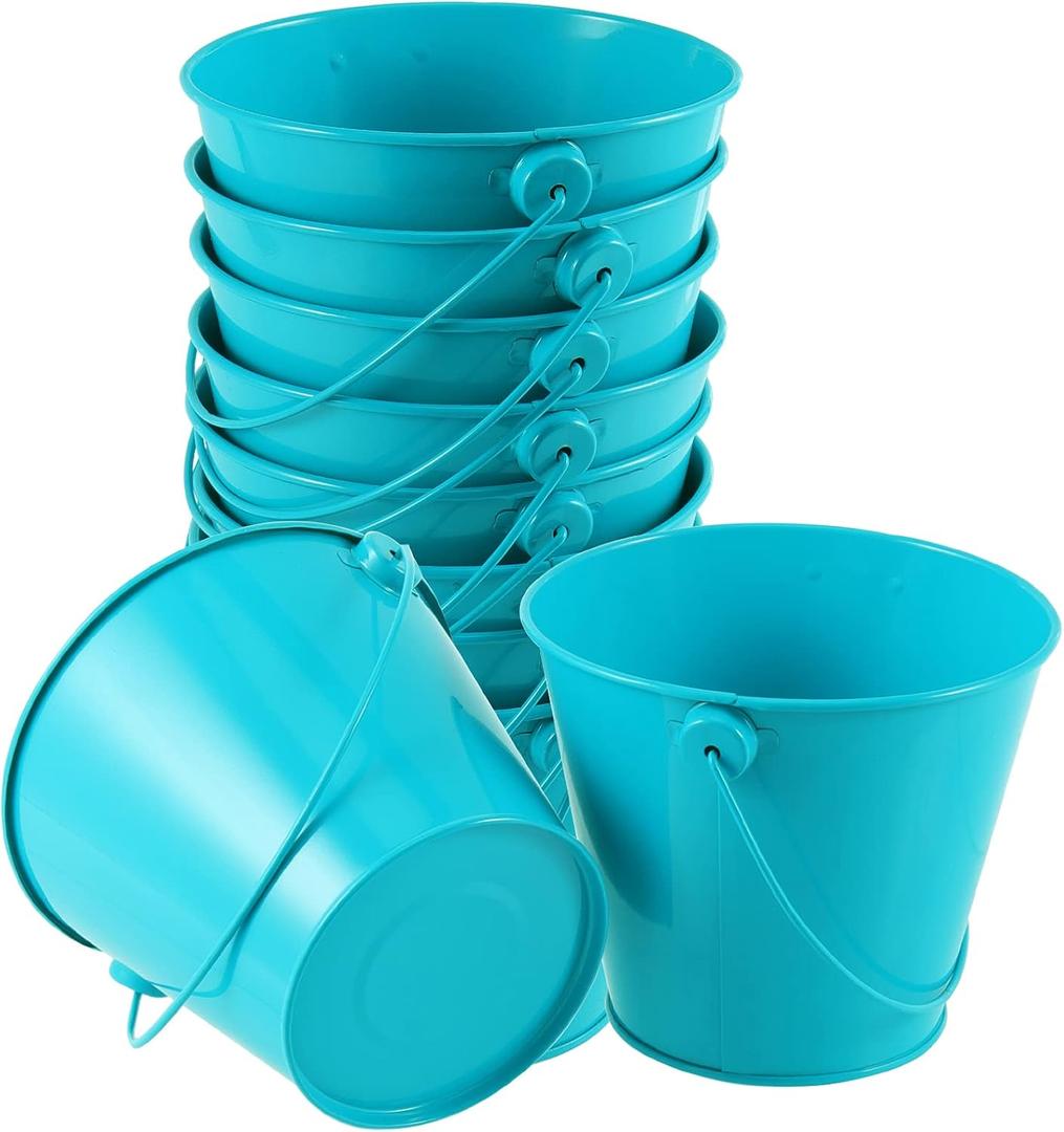 SHEUTSAN 10 Pack Small Blue Metal Bucket, 4.7 x 4 Inches Mini Metal Blue Pail with Handle, Decorative Metal Planter Container Pail for Crafts, Gardening