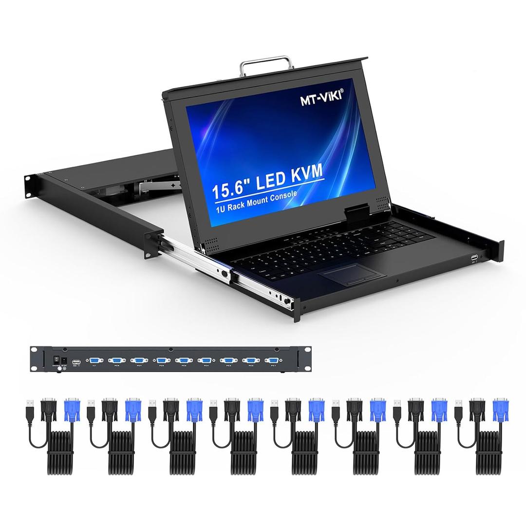 MT-VIKI Rack Mount KVM, 8 Port VGA KVM Switch w/15.6'' LCD Monitor, 1080P, Mount into 23.6-31.5'' deep Server Cabinet, Integrated Touchpad+Keyboard+4 KVM Cables. No Ac Unit