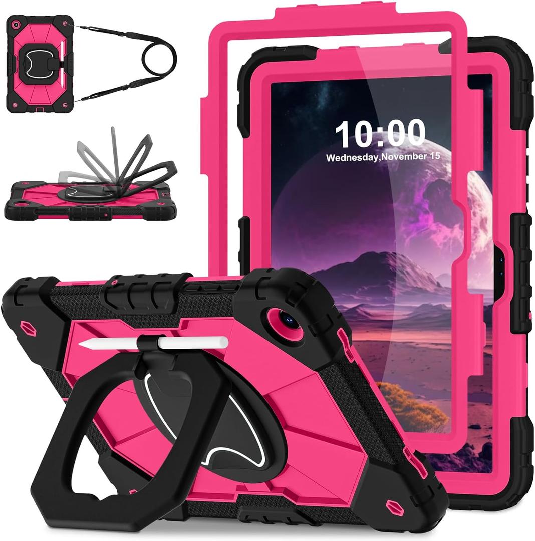 WESOROL Case for Samsung Galaxy Tab A11 Plus Galaxy Tab A9 Plus 11 Inch,Shockproof Cover for Samsung Tablet A11+/A9+ Case with Screen Protector 360 Rotating Stand Pencil Holder,Black Pink