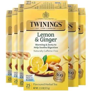 Twinings Lemon & Ginger Herbal Tea Individually Wrapped Bags, 25 Count (Pack of 6), Spicy Ginger, Lemon Peel, & Lemongrass, Naturally Caffeine-Free, Enjoy Hot or Iced, 150 Teabags