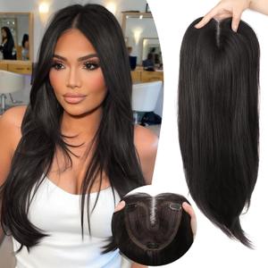 Soft Black Synthetic Hair Toppers for Women with Thinning 5x6 inch Large Base Coverage Clip in Wispy Bangs Upgraded Adjustable Bandage 24 Inch Long Layered