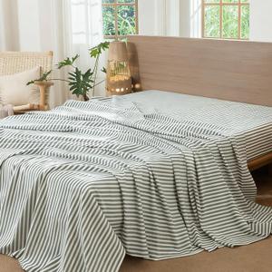 MooMee Striped Flat Top Sheet Only 100% Washed Cotton Linen Like Textured Breathable Durable Soft Comfy (Heathered Green Classic Stripes, Queen)