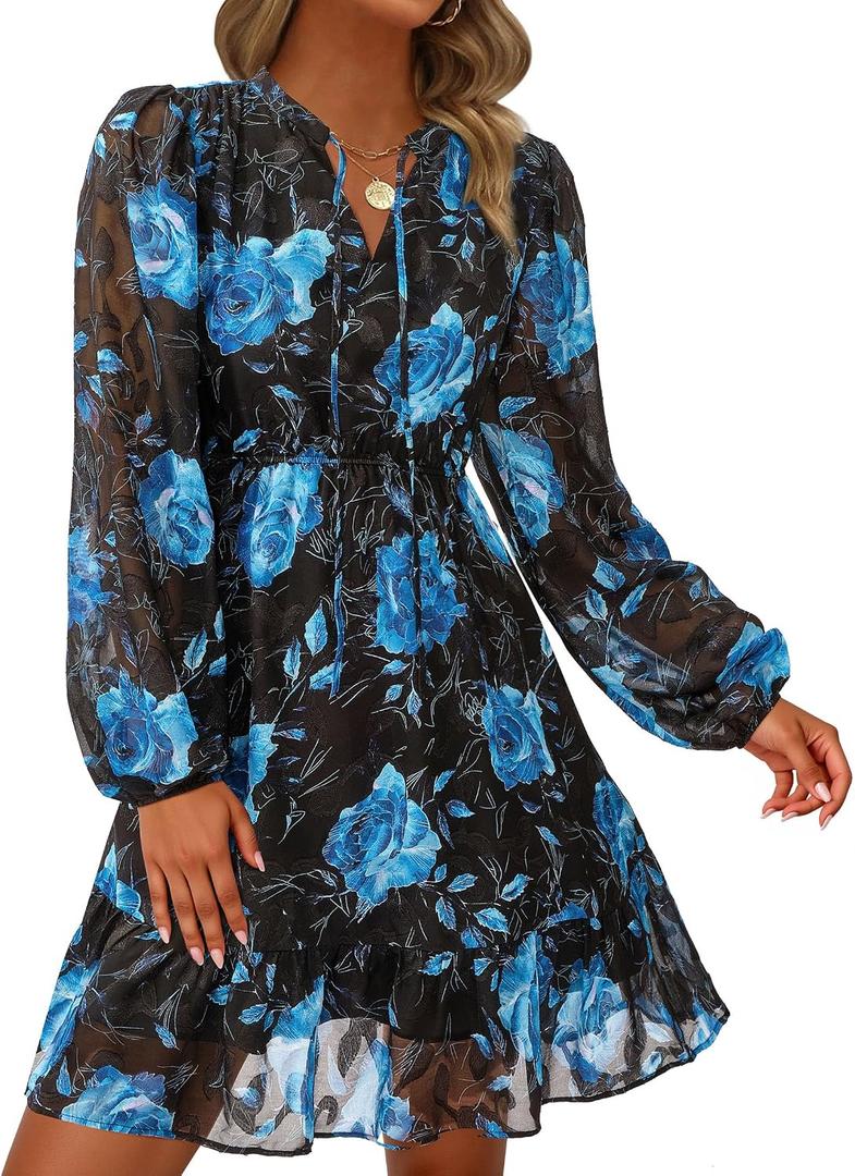 PRETTYGARDEN Women's Fall Boho Dresses 2026 Floral Long Sleeve V Neck Mini Flowy Wedding Guest Dress Trendy Vacation Outfits (Black, S)