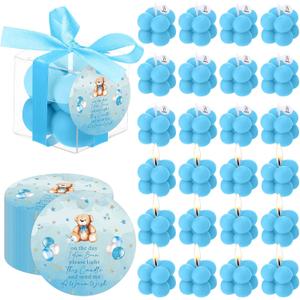 MTLEE 24 Sets Teddy Bear Baby Shower Favors Small Bubble Candle for Guests Tea Candles Bulk with Stylish Ribbons Cards Gifts Party Decoration(Blue, Teddy Bear)