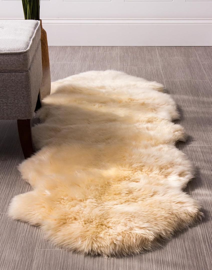 Premium Champagne Sheepskin Rug Genuine Double 2x6ft Pelt Fluffy Fur Rug for Bedrooms