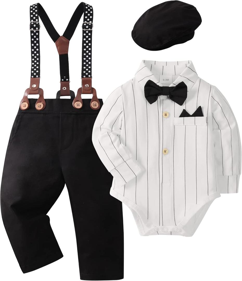 YALLET Baby Boy Clothes Set Infant Tuxedo Long Sleeve Gentleman Suit Outfits + Beret Hat + Suspender Pants + Bowtie 0-18M (3-6 Months, White Stripes)