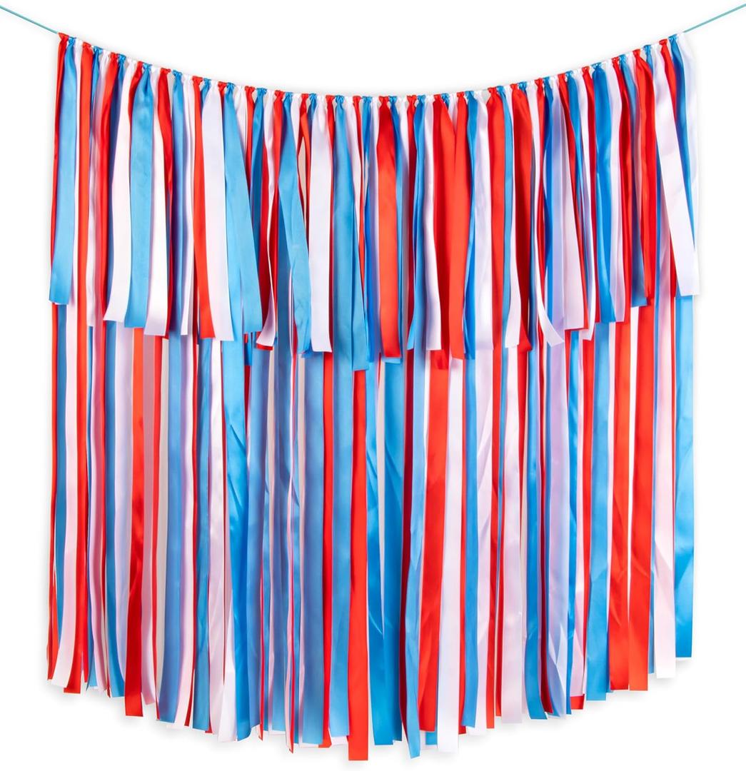 Handmade Red White Blue Ribbon Garland Banner, Pre-Strung Hanging Tassel Streamers for Parado Float, 4th of July Independence Day, Mermorise Day Decoration