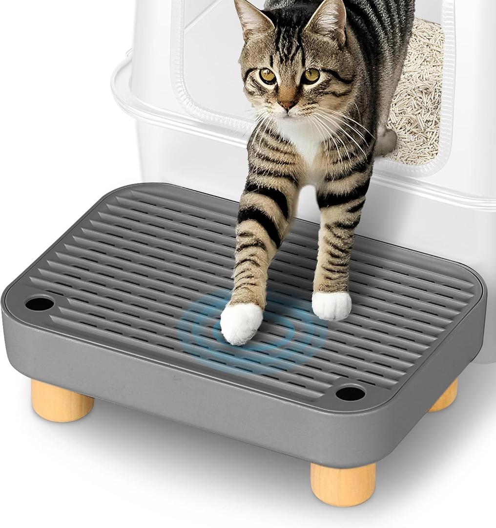 Litter Box Step Ramp, Anti-Tracking & Easy to Clean, Suitable for Small and Elderly Cats, with Wooden Legs (Charcoal Gray)