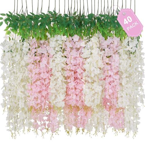 40 Pack White Pink Wisteria Hanging Flowers, Fake Flowers for Decoration, Artificial Hanging Flowers,Vines for Bedroom,Flower Garland for Home,Party,Garden, Wall,Wedding Decoration(3.6 Ft/Pcs)