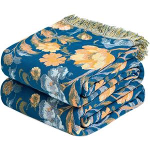 LUTBM Boho Throw Blanket for Couch Sofa Chair Cotton Spring Blankets for Bedroom Living Room All Season Soft Lightweight Reversible Floral Bird Embroidery Decorative Throws 50"x60"