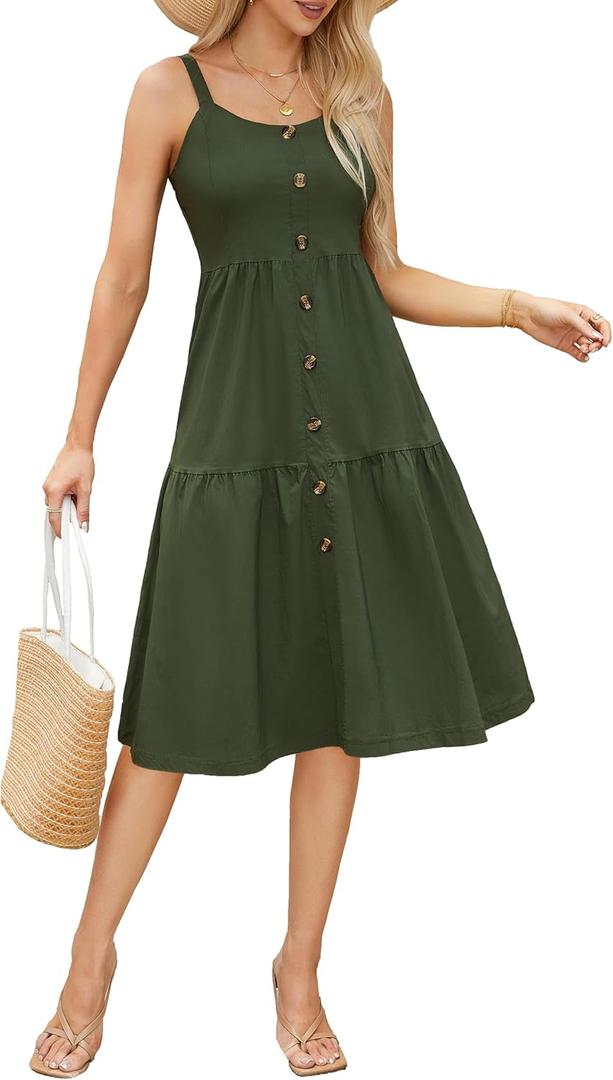 Womens Summer Dresses Casual Spaghetti Strap Button Down Midi Dress Cute Crew Neck A-Line Sundress with Pockets, Size L